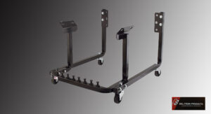Black metal frame with caster wheels and hooks on a gray background.