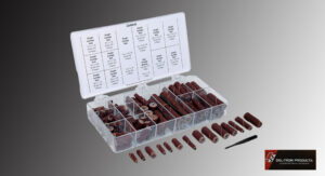 Organized box with multiple sizes of brown fishing rod tip protectors.