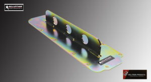 Metal bracket with multiple holes and an iridescent finish.