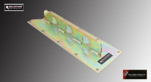 Metal bracket with multiple holes and a label on the side.