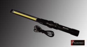 Portable LED work light with USB charging cable.