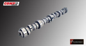 A metallic camshaft with polished lobes on a gradient background.