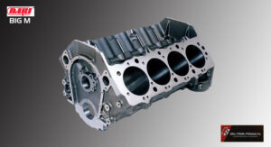 A metallic V8 engine block with visible cylinders and mounting points.