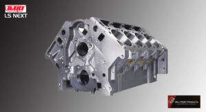 A metallic engine block with clean, precise machining.