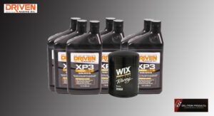 Five bottles of Driven Racing XP3 motor oil and two bottles of WIX oil filters.