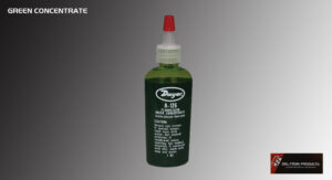 Green Dapco glue bottle with red cap on gray background.