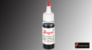 Small bottle of black liquid dye with a red cap and white label.