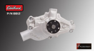 Silver Edelbrock automotive water pump with black pulley.