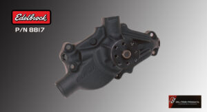 Black automotive water pump against a gray background.