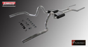 Chrome motorcycle exhaust pipes with a sleek design on a gray background.