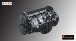 A black V8 engine block with four visible pistons.