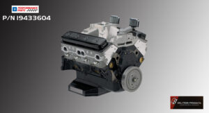 Detailed view of a modern V8 engine block with components.