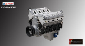 High-performance V8 engine with polished components and black accents.