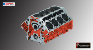 A red and silver V8 engine block against a gray background.