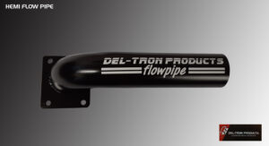 Close-up of a black metal pipe labeled 'DEI-TRON PRODUCTS flowpipe'.