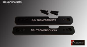 Two black metal rods labeled "DEL TRON PRODUCTS."