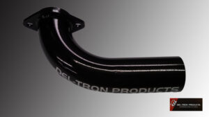 Close-up of a black curved cycling handlebar with branding.