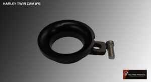 Black metal ring clamp with a bolt on a gray background.