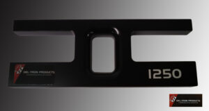 Close-up of a black metal frame with cutouts and engraved numbers.