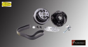 Disassembled mechanical clutch assembly with components spread out.