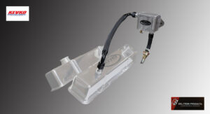 A transparent mechanical component with a flexible hose and metal fitting attached.
