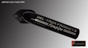 Close-up of a bicycle crank arm with Del-Tron Products Flowpipe branding.