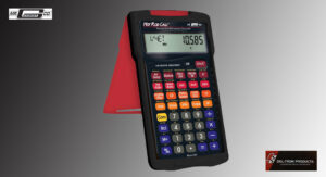 A red and black scientific calculator with a protective cover.