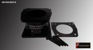 Metal mounting bracket with screws and a gasket on a gray background.