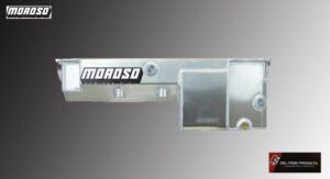 A metallic Moroso fuel cell with a polished finish and fittings.