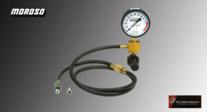 Pressure gauge with hose and connectors against a gradient background.
