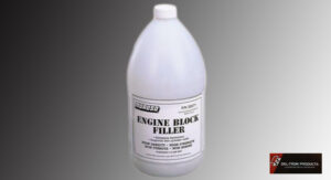 A gallon container of engine block filler with a white cap.