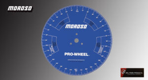 Blue Moroso Pro-Wheel with white markings and logo.