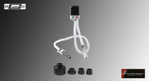 Dental curing light with attachments and accessories on a gray background.