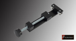 A black adjustable clamp with a threaded screw mechanism on a gray background.