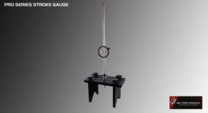 A black gauge stand with a dial gauge mounted on a vertical rod.