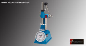 A blue dial thickness gauge tester on a gray background.