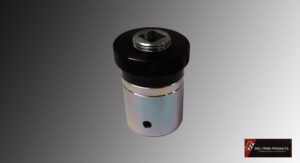 A small cylindrical metal component with a black top and a threaded hole.