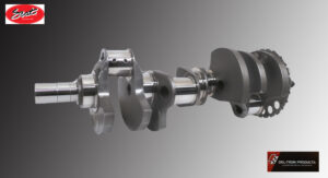 A metal crankshaft for an engine is displayed against a gray background.