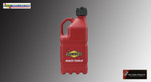 Red Sunoco race fuel container with black cap and handle.