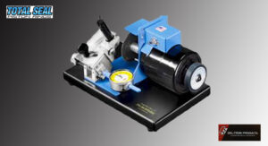 A detailed model of a mechanical pump with blue and black components.