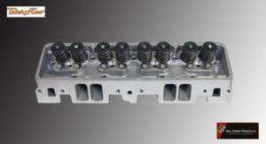 Close-up of a metallic engine cylinder head with valve springs.