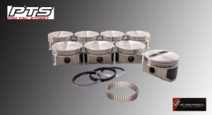 A set of metallic pistons and rings arranged on a surface.