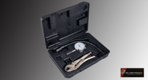A precision measuring tool set in a black case.