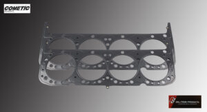 Two metallic engine cylinder head gaskets with multiple holes and cutouts.