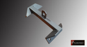 Metal bracket with angular design and mounting holes.