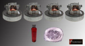 Three robotic vacuum cleaners, a red bottle, and a wrapped item on a gray surface.