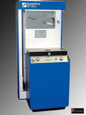 A vintage blue and beige scientific instrument with knobs and a display.