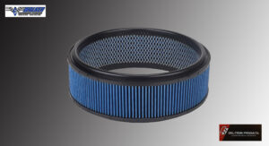 Blue circular air filter with black mesh and trim.