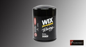 WIX Racing oil filter with black finish and white logo.